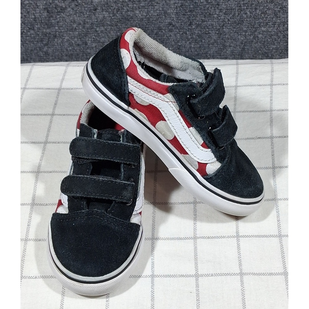 Vans Old Skool V Kids Red Polka Dot Black Suede Hook Loop Skate Shoes Sneaker